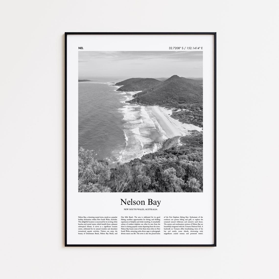 Nelson Bay Beach and Headlands Aerial Black and White Travel Poster