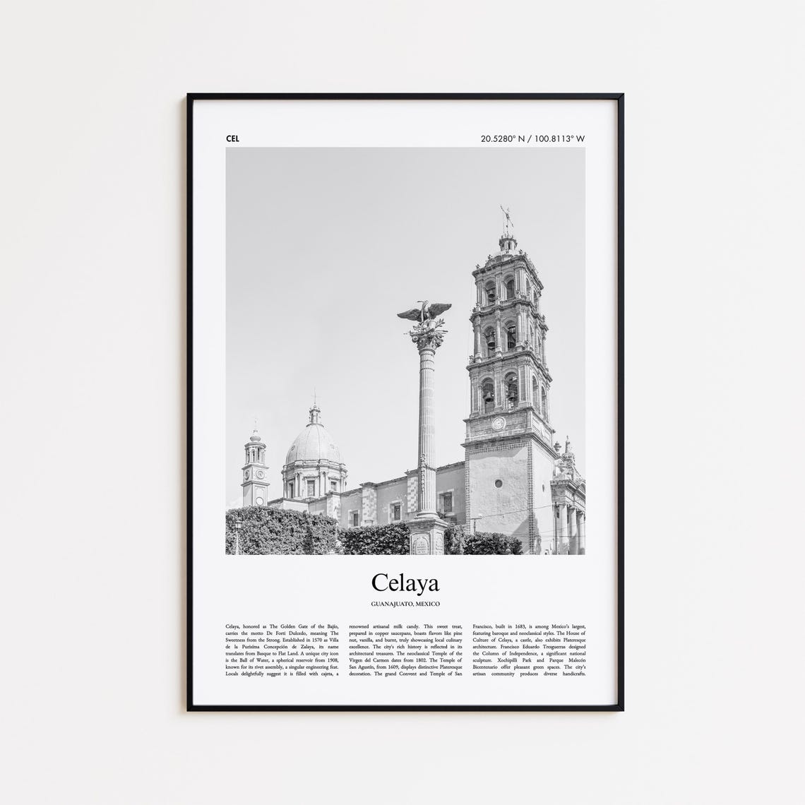 Celaya Guanajuato Mexico Cathedral Historic Black White Travel Print