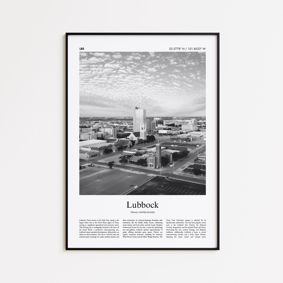 Lubbock Texas City Skyline Downtown Black White Photo Art Print