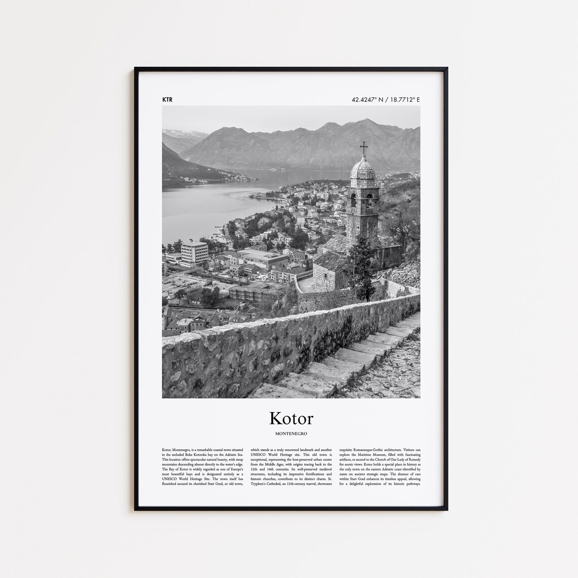 Kotor Montenegro Black and White Bay Old Town Walls Travel Poster
