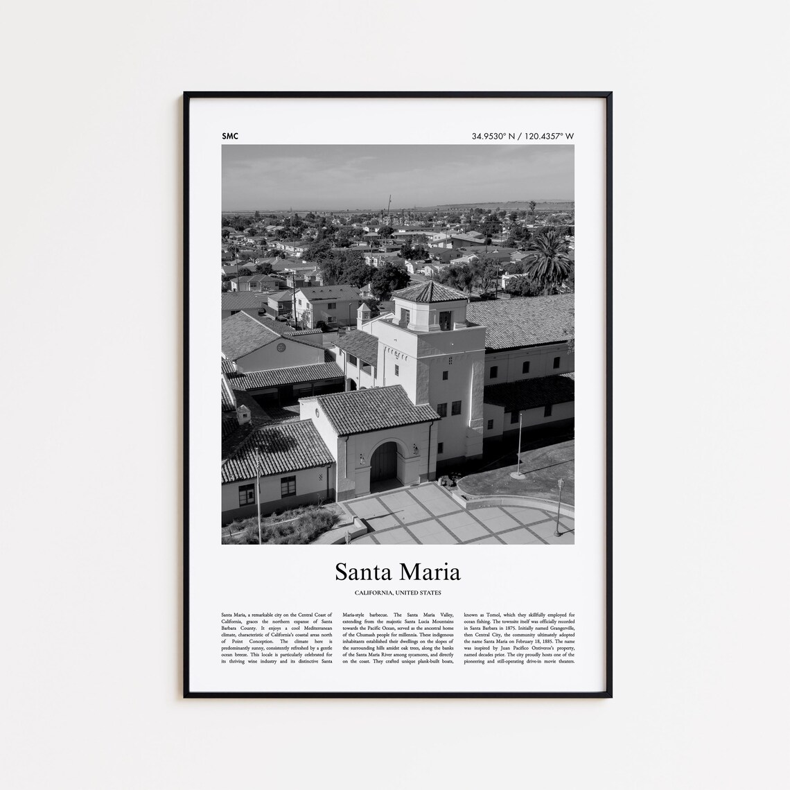 Santa Maria California Mission Black and White Travel Photo Poster