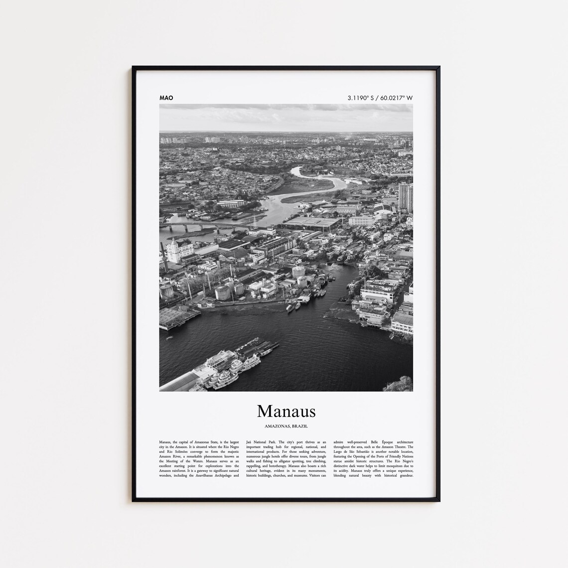 Manaus Brazil Black And White Aerial City Photo Travel Poster