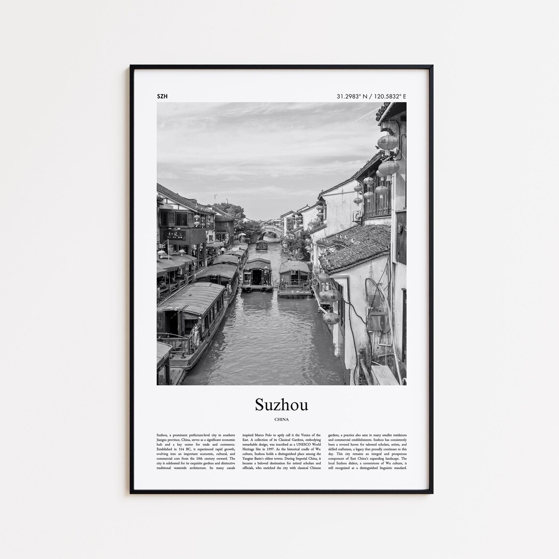 Suzhou China Canal Boats Black And White Photo Travel Poster