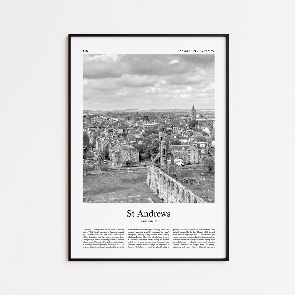 St Andrews Scotland Black and White Cityscape Photo Travel Poster
