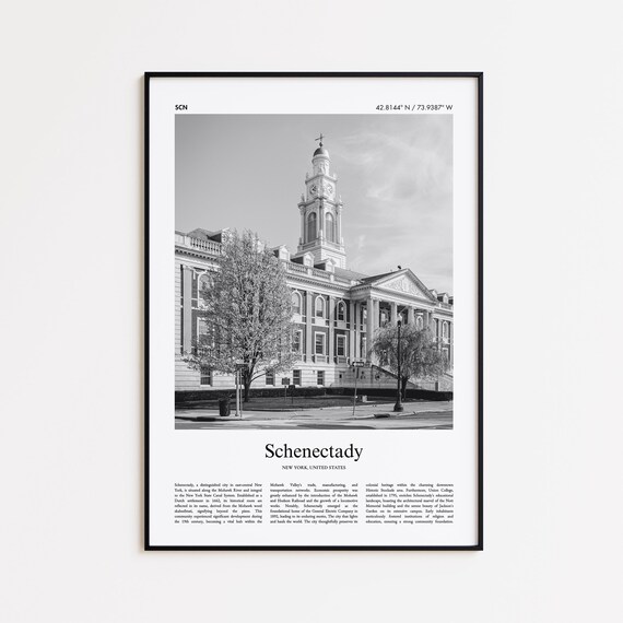 Schenectady New York Black White City Hall Clock Tower Poster