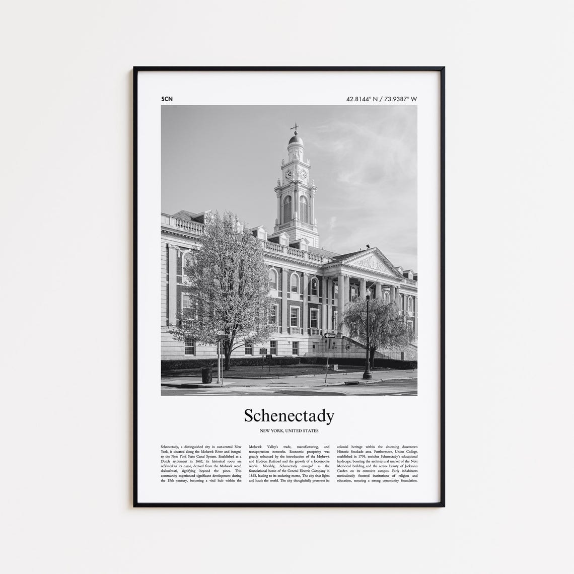 Schenectady New York Black White City Hall Clock Tower Poster
