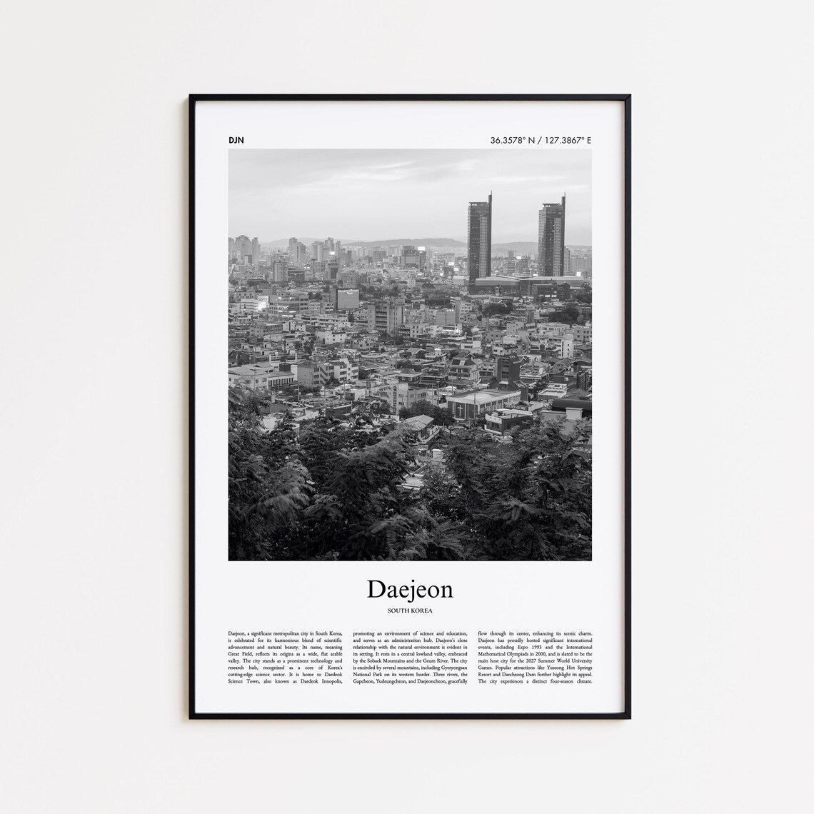 Daejeon Twin Towers Skyline Black And White Korea Travel Poster
