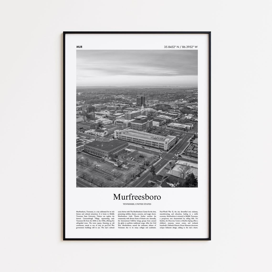 Murfreesboro Tennessee Black And White Aerial City Coordinates Poster