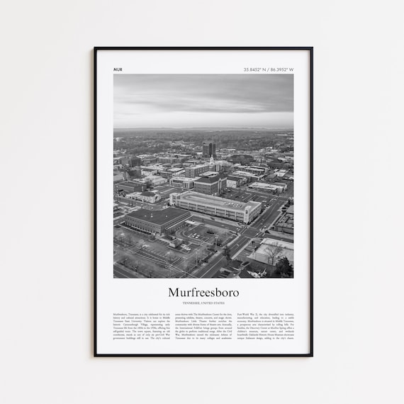 Murfreesboro Tennessee Black And White Aerial City Coordinates Poster