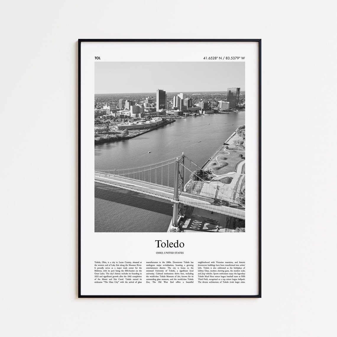 Toledo Ohio Black And White River Bridge Aerial Photo Poster