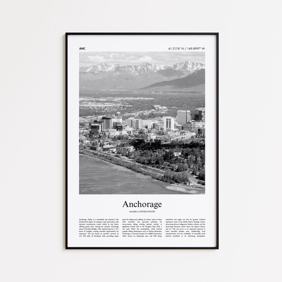 Anchorage Alaska Black and White Downtown Mountain Photo Poster