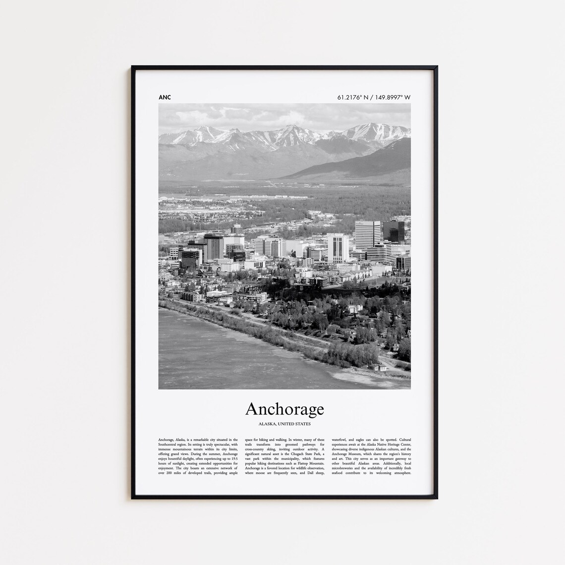 Anchorage Alaska Black and White Downtown Mountain Photo Poster