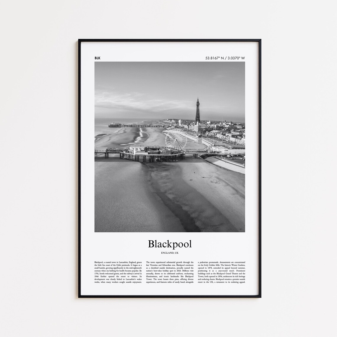 Blackpool England Pier Beach Black And White Aerial Travel Poster