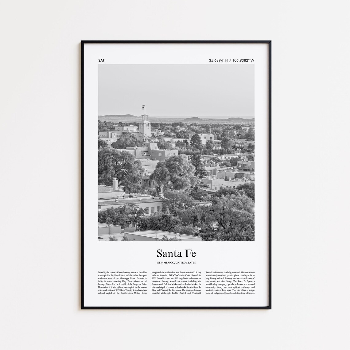 Santa Fe New Mexico Black And White Adobe City Travel Photo Print