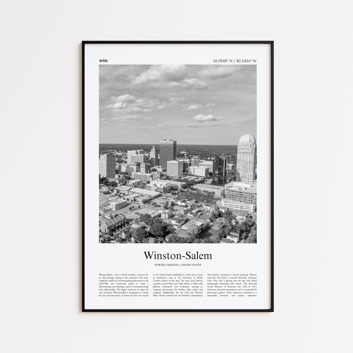 Winston-Salem North Carolina Black and White Skyline Photo Poster