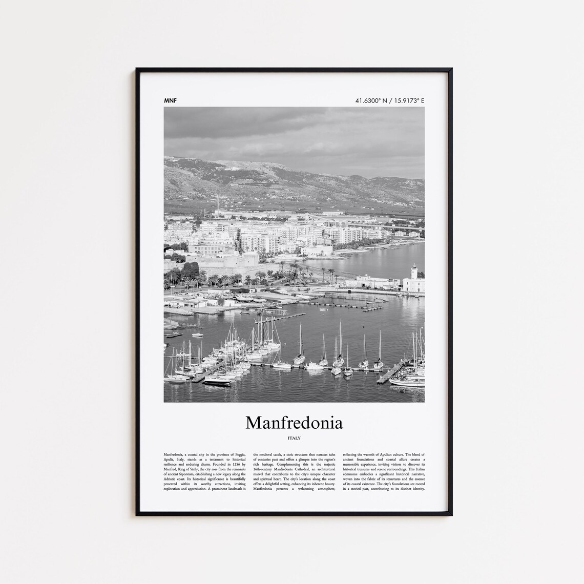 Manfredonia Italy Black and White Marina Harbor Photo Travel Poster