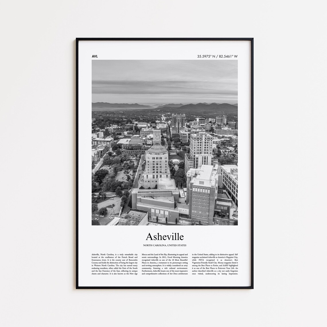 Asheville Black And White Print Photo Poster Travel Gift North Carolina United States Usa Wall Art