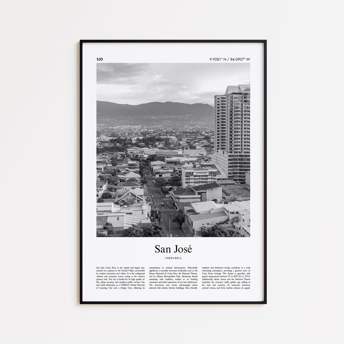 San Jose Costa Rica Black And White Aerial City Photo Poster