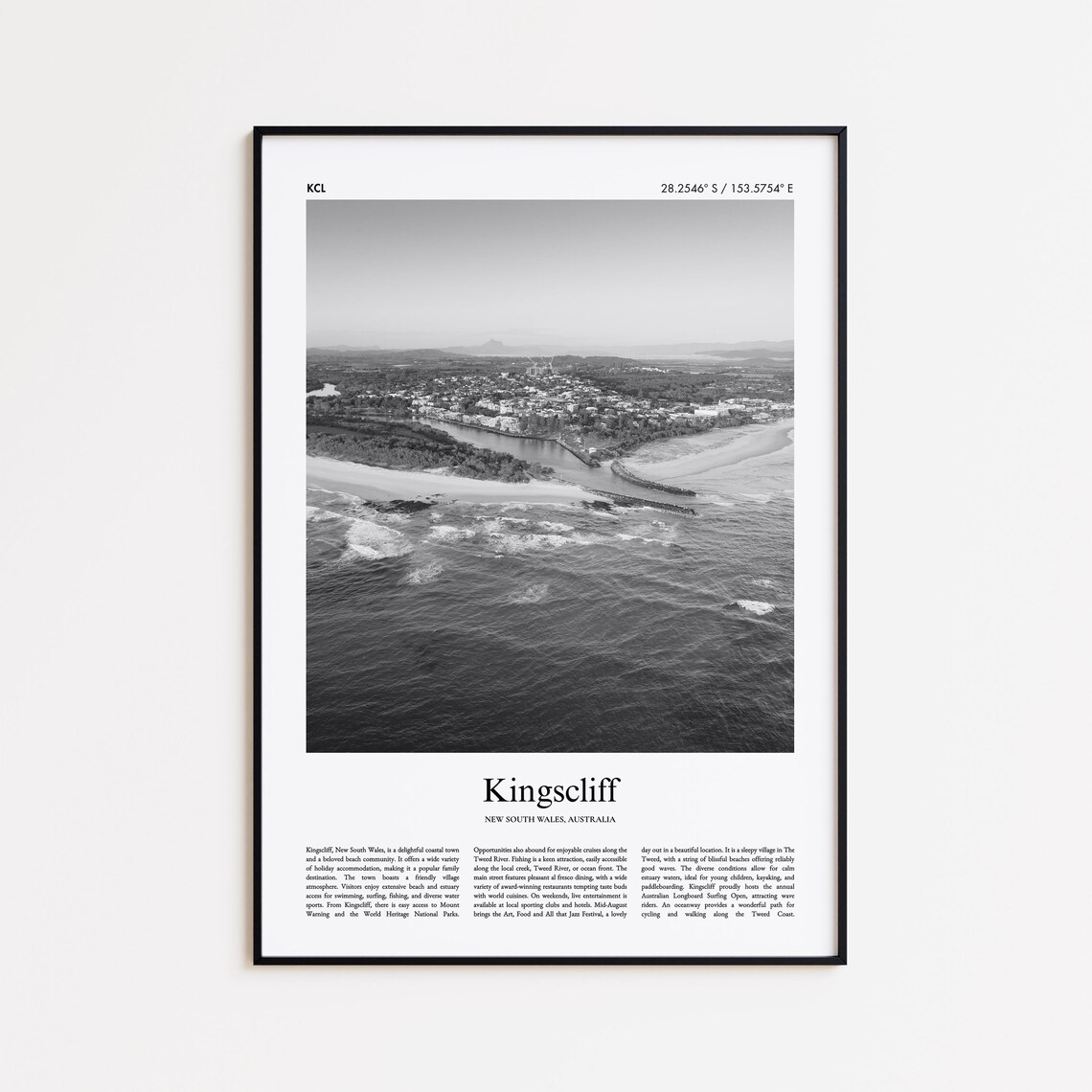 Kingscliff Black and White Aerial Coastline Photo Poster Australia