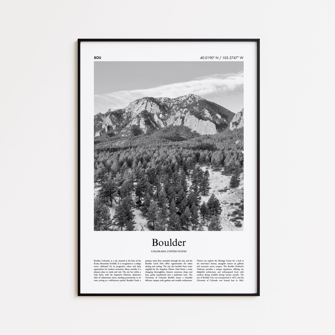 Boulder Colorado Rocky Mountain Black and White Travel Poster