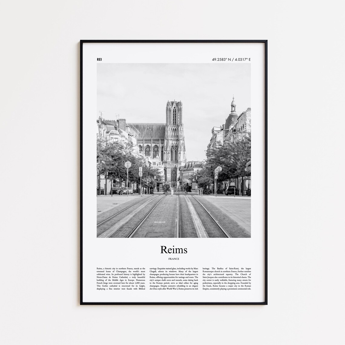 Reims France Black And White Reims Cathedral Street Photo Poster