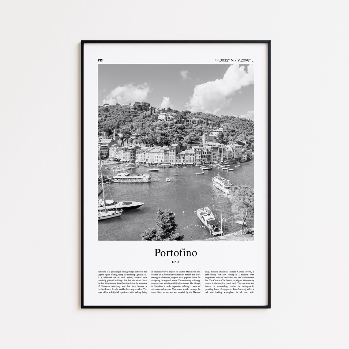 Portofino Italy Harbor Black And White Boats Photography Travel Poster