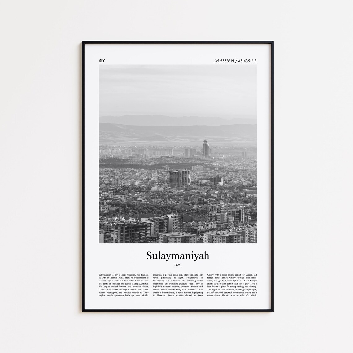 Sulaymaniyah Iraq Black And White City Skyline Minimal Travel Poster