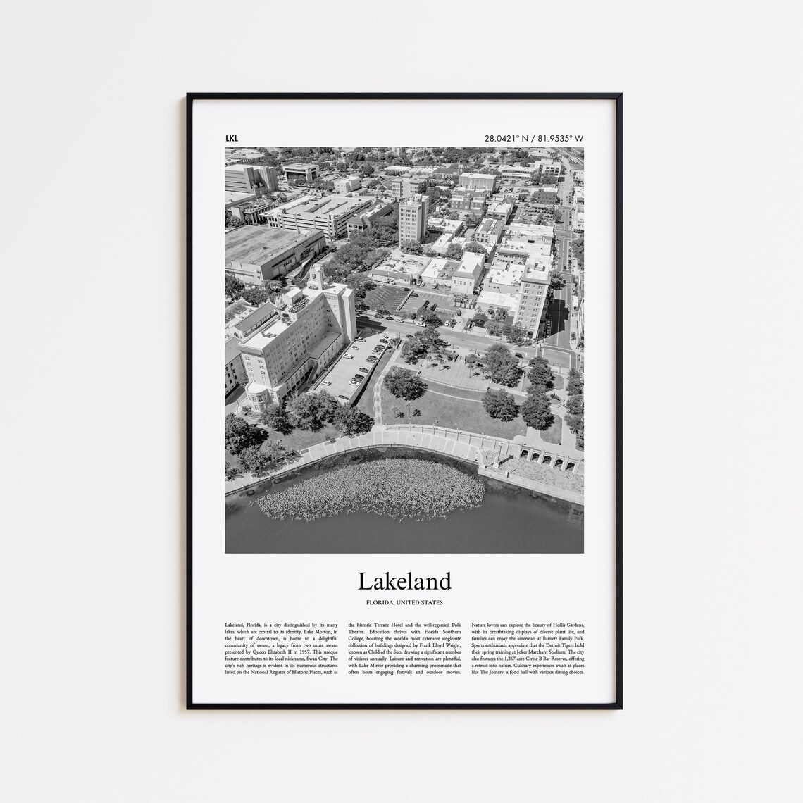 Lakeland Florida Black And White Aerial Downtown Photo Poster
