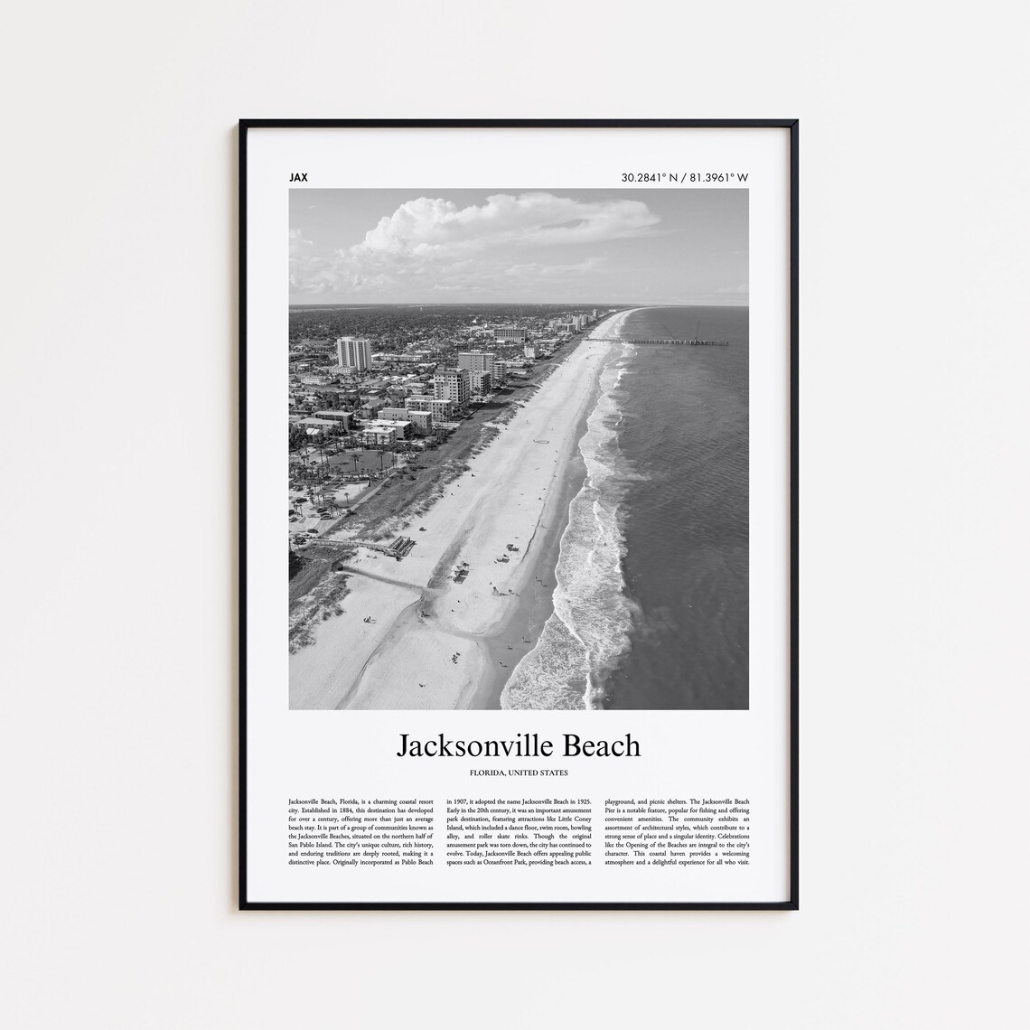 Jacksonville Beach Florida Black and White Aerial Photo Poster
