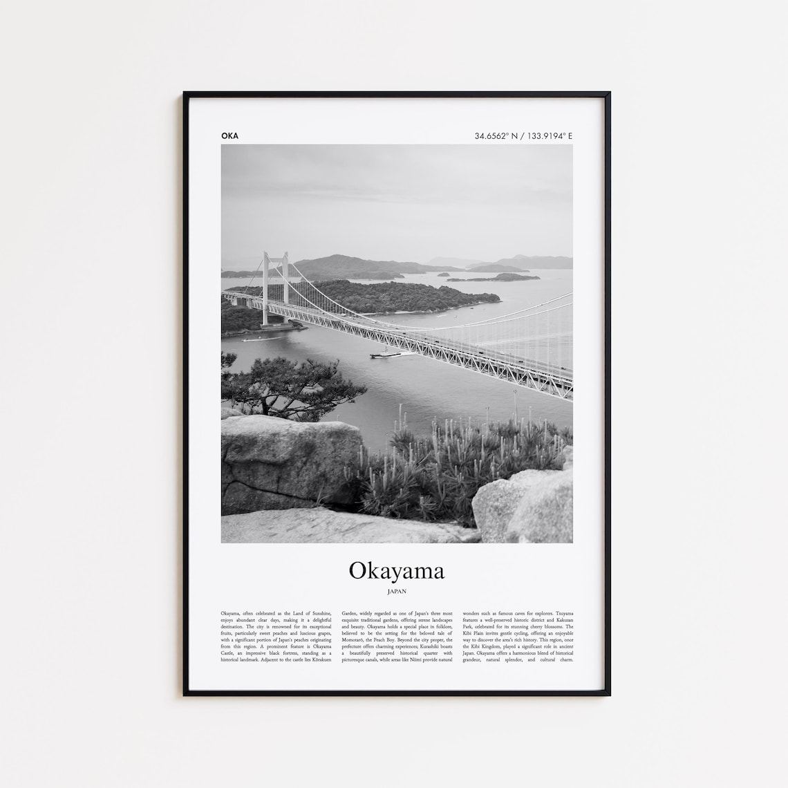 Okayama Japan Black And White Suspension Bridge Travel Photo Poster