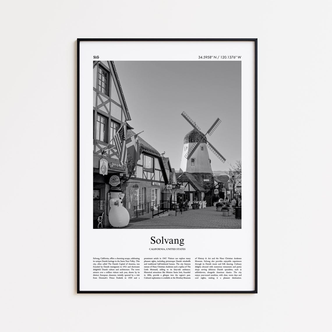 Solvang California Danish Windmill Village Black And White Poster