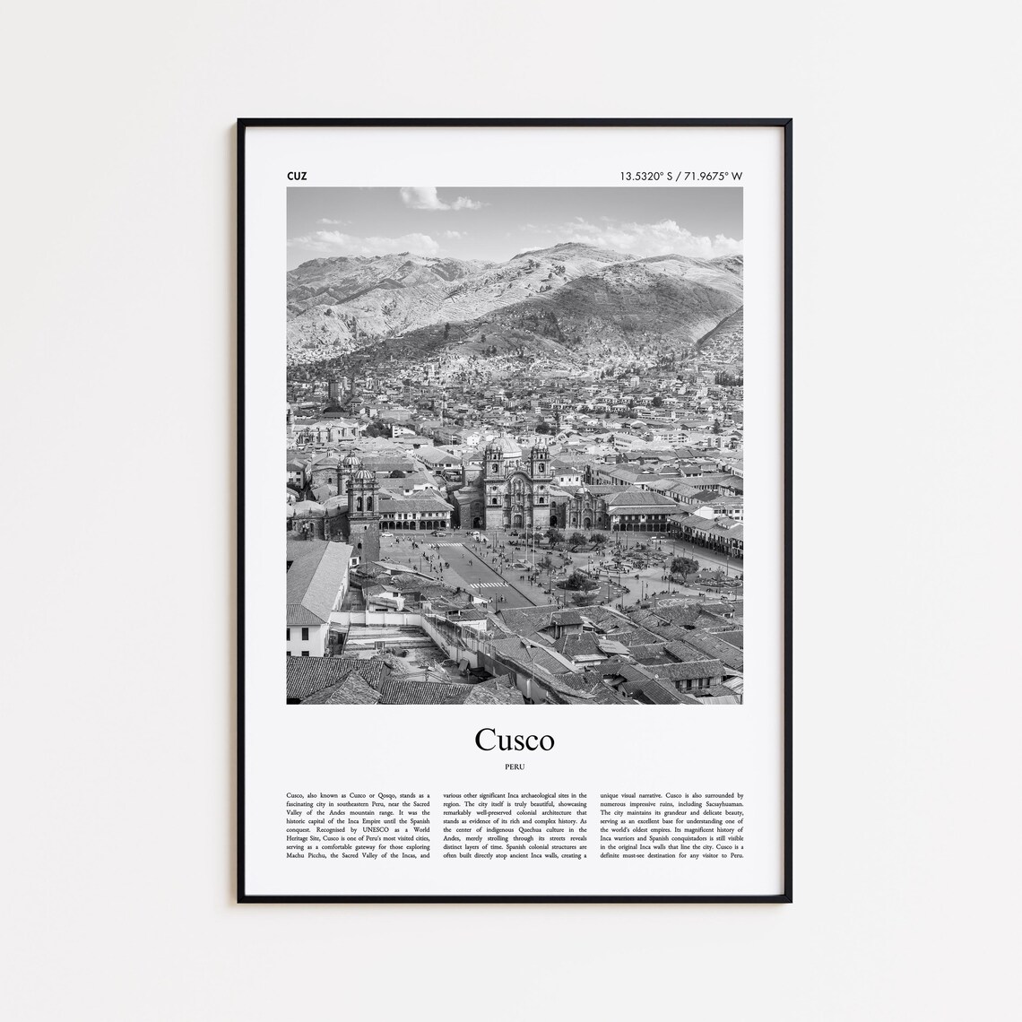 Cusco Black And White Print Photo Poster Travel Gift Peru Wall Art Minimal Home Decor