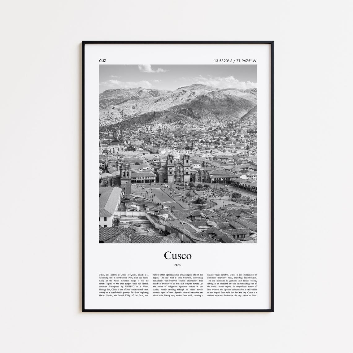 Cusco Peru Black and White Historic Old City Photography Poster