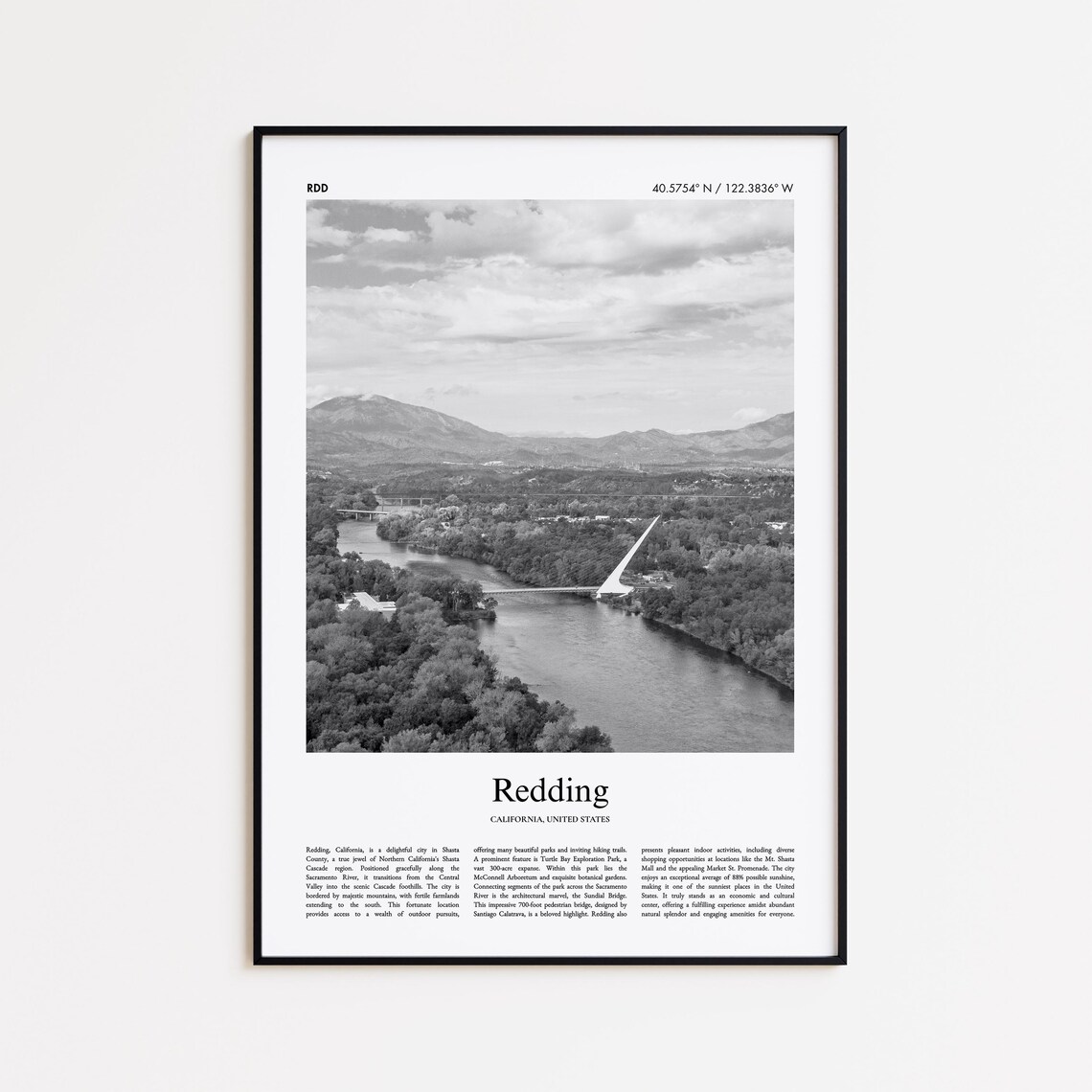 Redding California Black and White Photo Travel Poster River Art