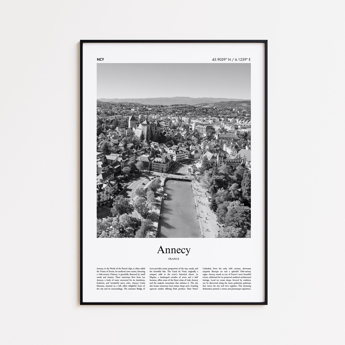 Annecy France Black and White Aerial Old Town Photo Poster Gift