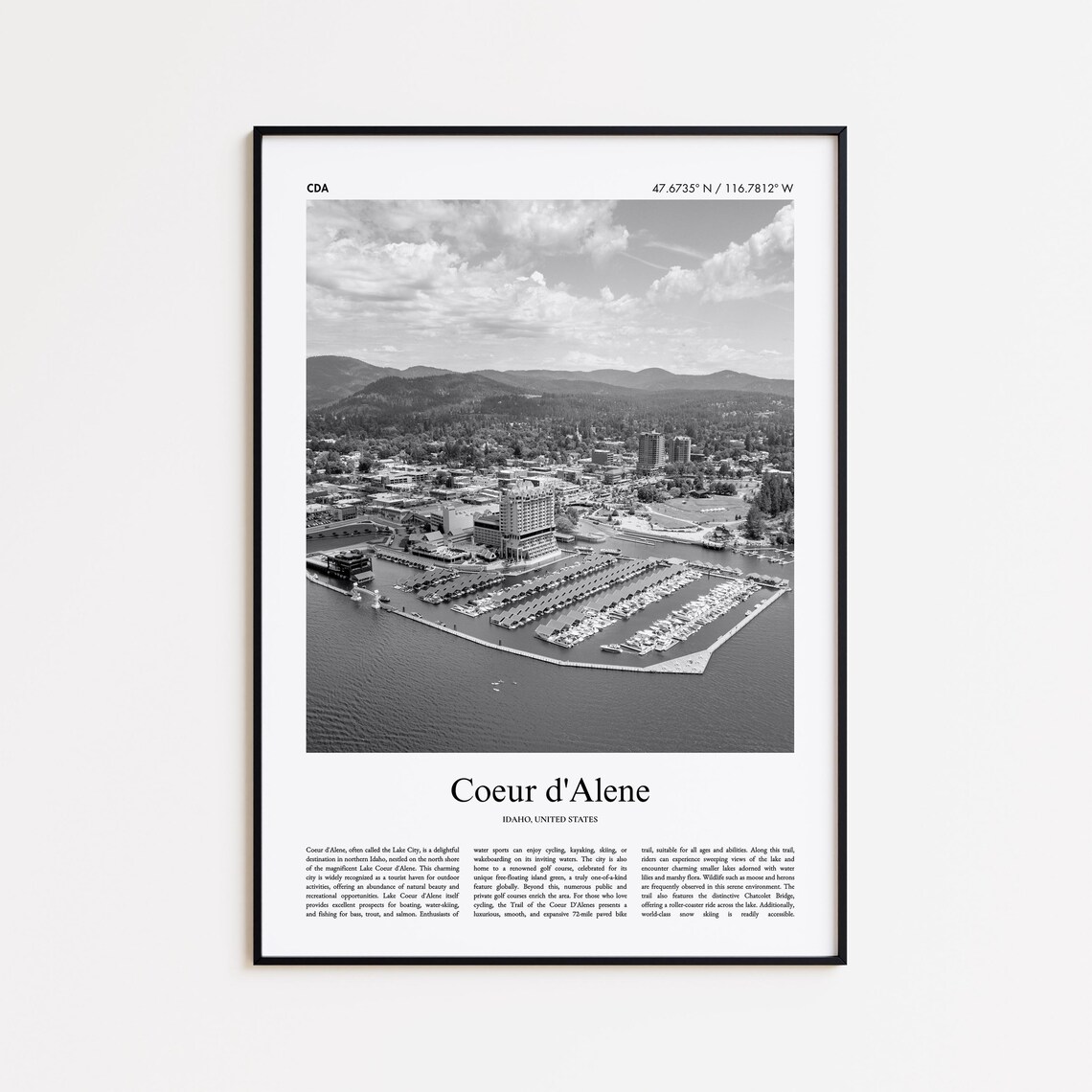 Coeur d'Alene Idaho Lake Marina Black White Photography Travel Poster