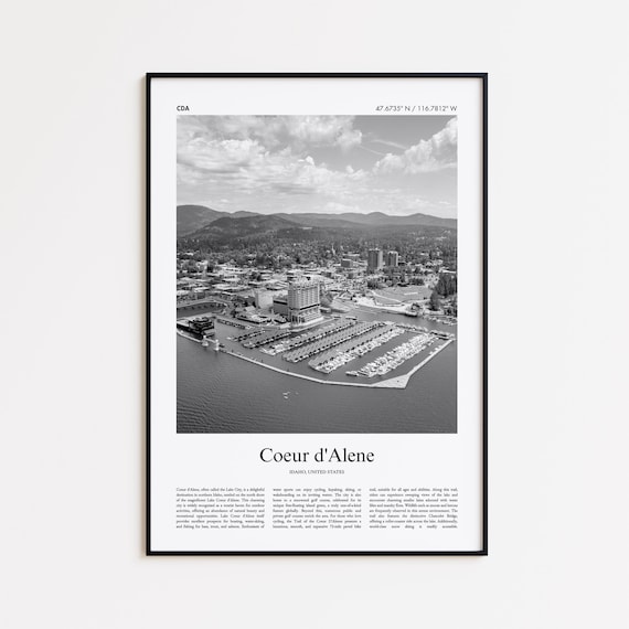 Coeur d'Alene Idaho Lake Marina Black White Photography Travel Poster