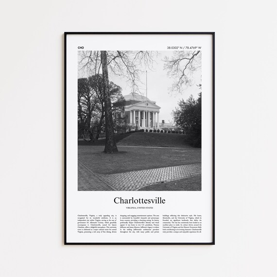 Charlottesville Virginia Jeffersonian Building Black White Travel Poster