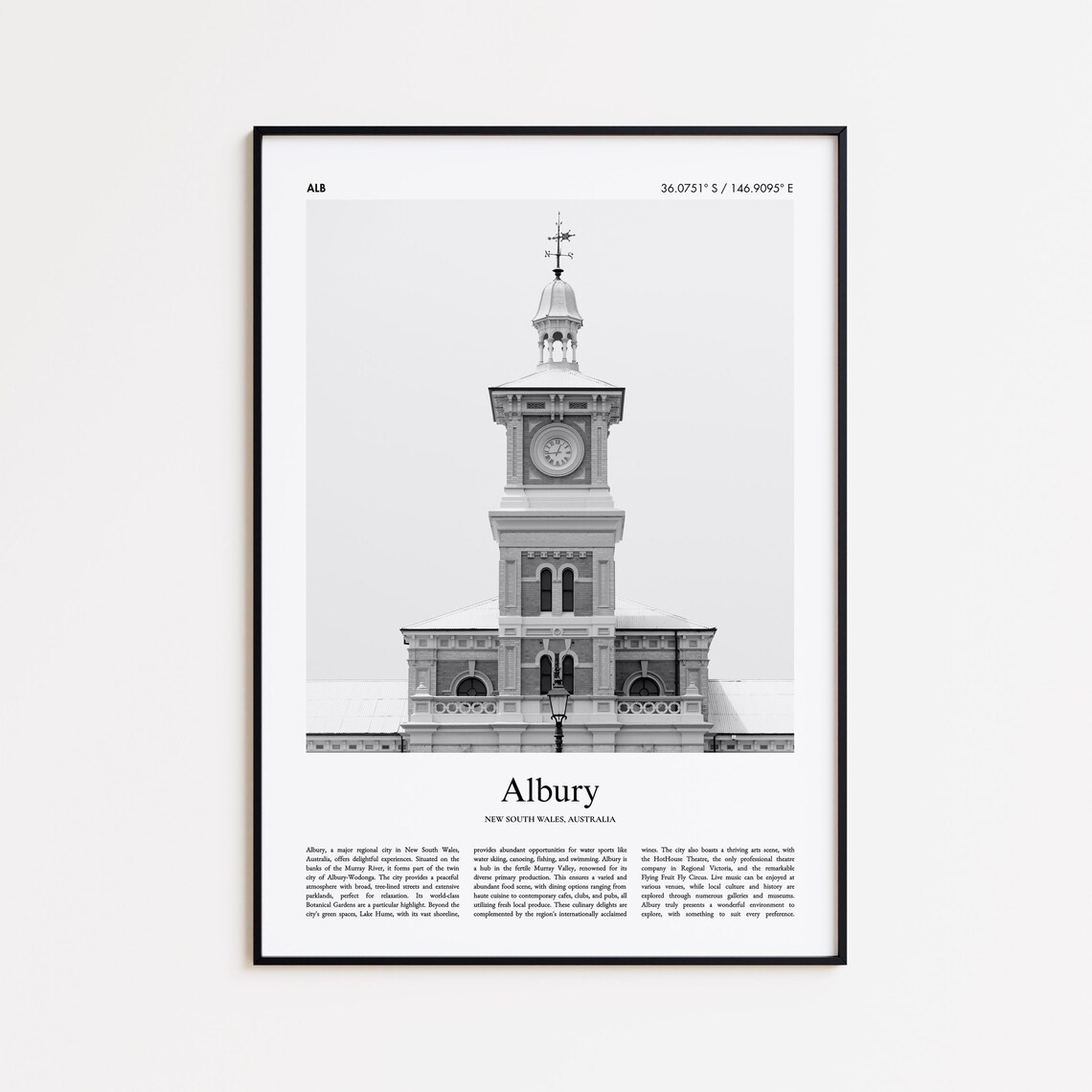 Albury Historic Clock Tower Black and White Travel Photography Poster