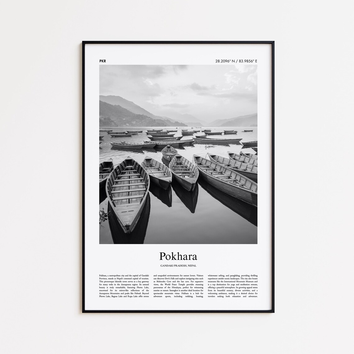 Pokhara Nepal Lakeside Boats Scenic Black And White Travel Poster
