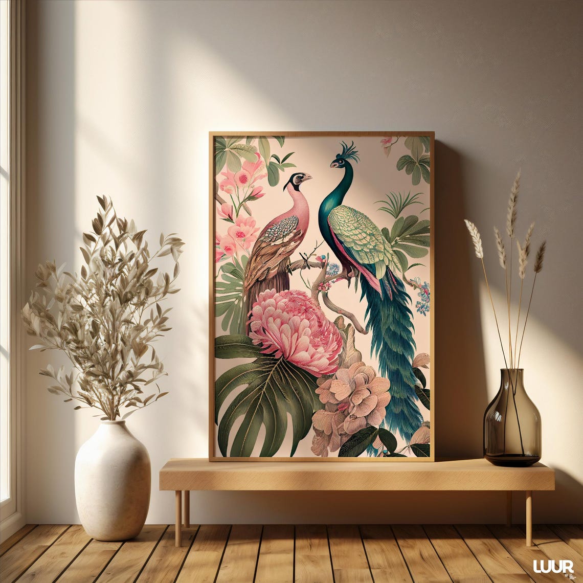 Chinoiserie Peacocks Peonies Vintage Botanical Floral Poster