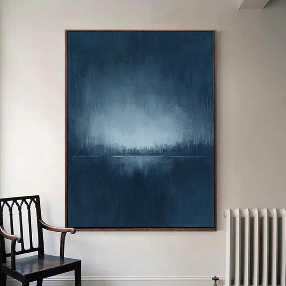Dark Blue Minimalist Abstract Painting Misty Horizon Texture Wall Art