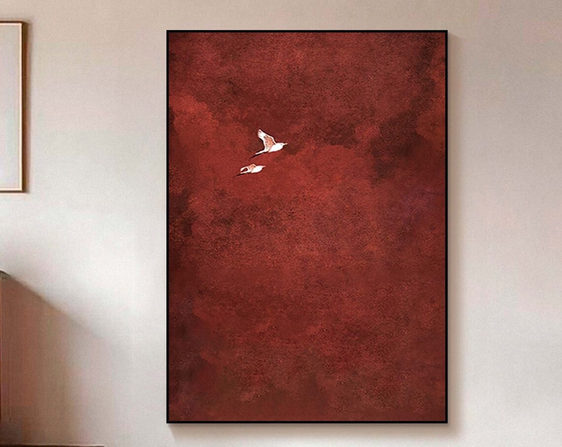 Crimson Red Abstract Minimalist Two Birds Flying Modern Art Poster