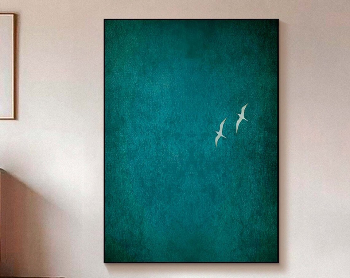 Dark Green Minimal Two White Birds Flight Serene Abstract Wall Art
