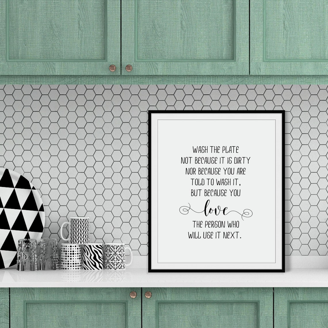 Wash the Plate Kitchen Quote Framed Hand Lettered Typography Poster