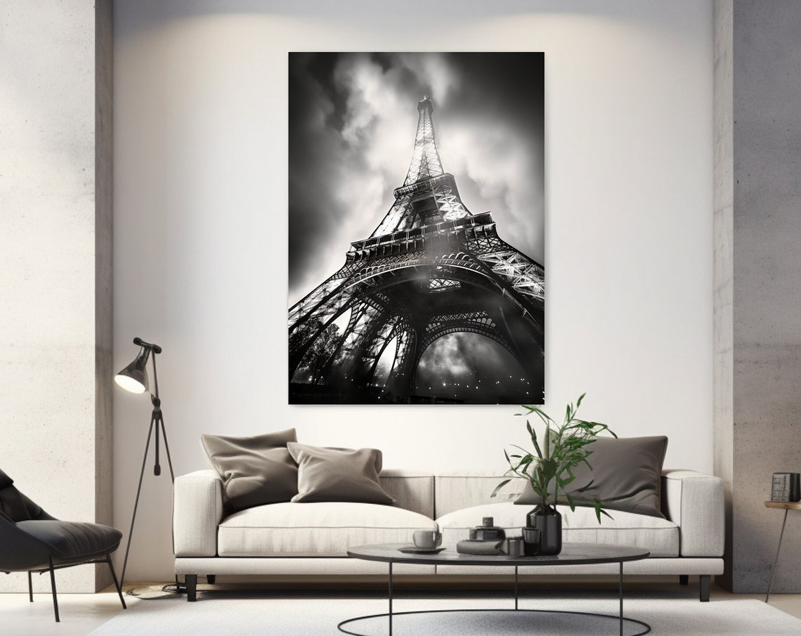 Eiffel Tower Paris At Night Black White Dramatic Low Angle Wall Art