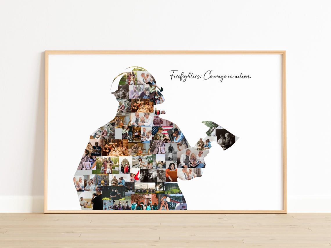 Firefighter Silhouette Photo Collage Courage in Action Poster