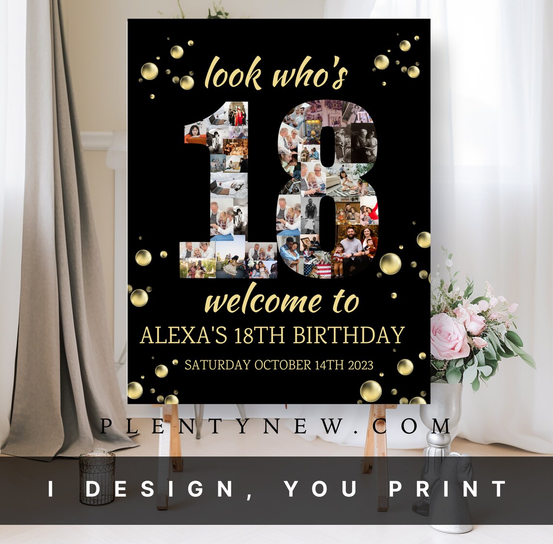 Look Who's 18 Black Gold Photo Collage Birthday Welcome Poster
