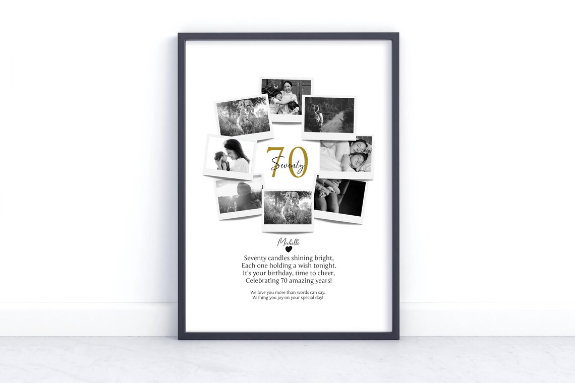 70th Birthday Photo Collage Poster with Golden Seventy Number Gift
