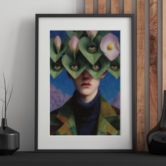 Botanical Eyes Surreal Leaf Face Portrait Dreamlike Art Poster